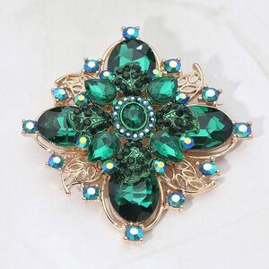 Emerald Green Crystal Victorian Starburst Brooch Gold Tone Large Statement Pin